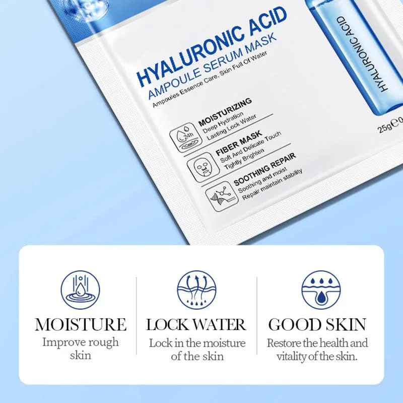 (6 Pack) 24K Gold, Hyaluronic Acid & Vitamin C Face Mask Set - Hydrating, Skin Brightening, Redness Relief, Anti-Aging Ampoule Serum Masks