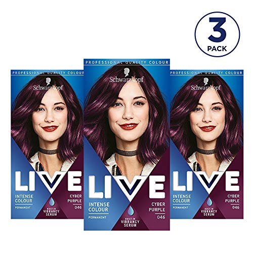 LIVE Schwarzkopf Live Intense Colour Purple Hair Dye, 3-Pack Permanent Colour with Vibrancy Serum, 046 Cyber Purple