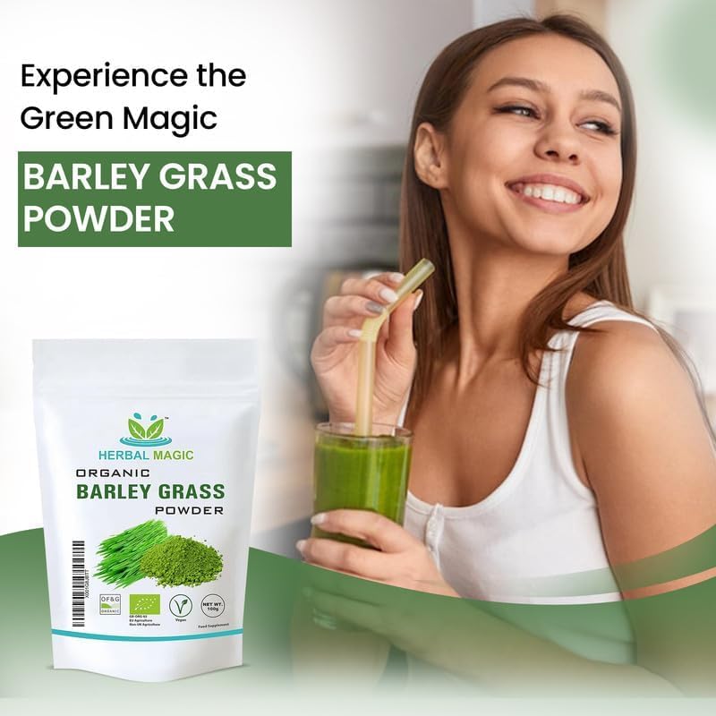 Herbal Magic Organic Barley Grass Powder, Delicious Addition for Smoothies, Milkshakes & Recipes, Natural Wholefood Ingredient, Free from Fillers & Preservatives-100g