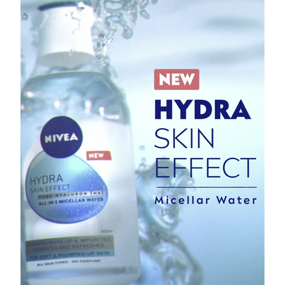 NIVEA Hydra Skin Effect Micellar Water (400ml), Effective Yet Gentle Waterproof Make-Up Remover, Cleansing Water Made with Pure Hyaluronic Acid and Micellar Technology