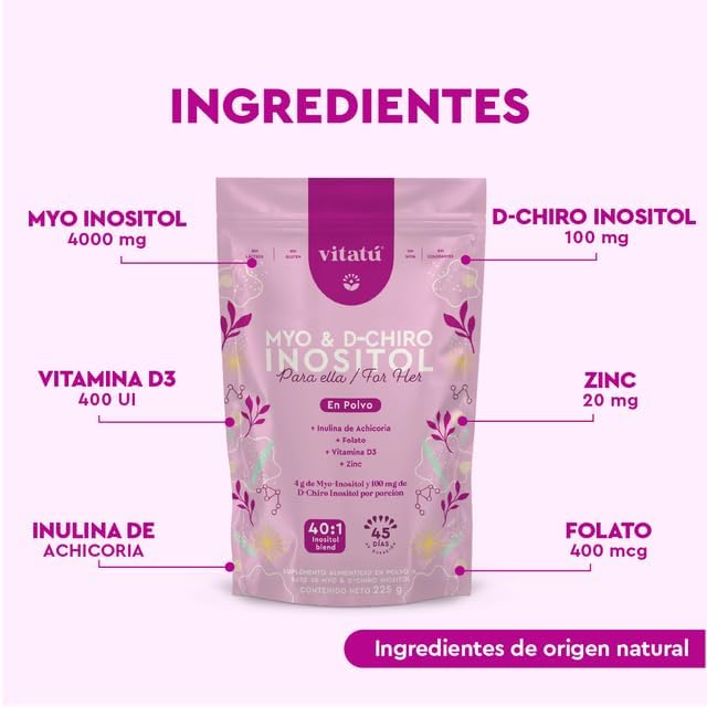 Vitatú | Myo Inositol (4g) & D-Chiro Inositol (1g) Ideal Mix 40:1 | with Folic Acid + Vitamin D3 + Zinc (7.9oz / 225g)
