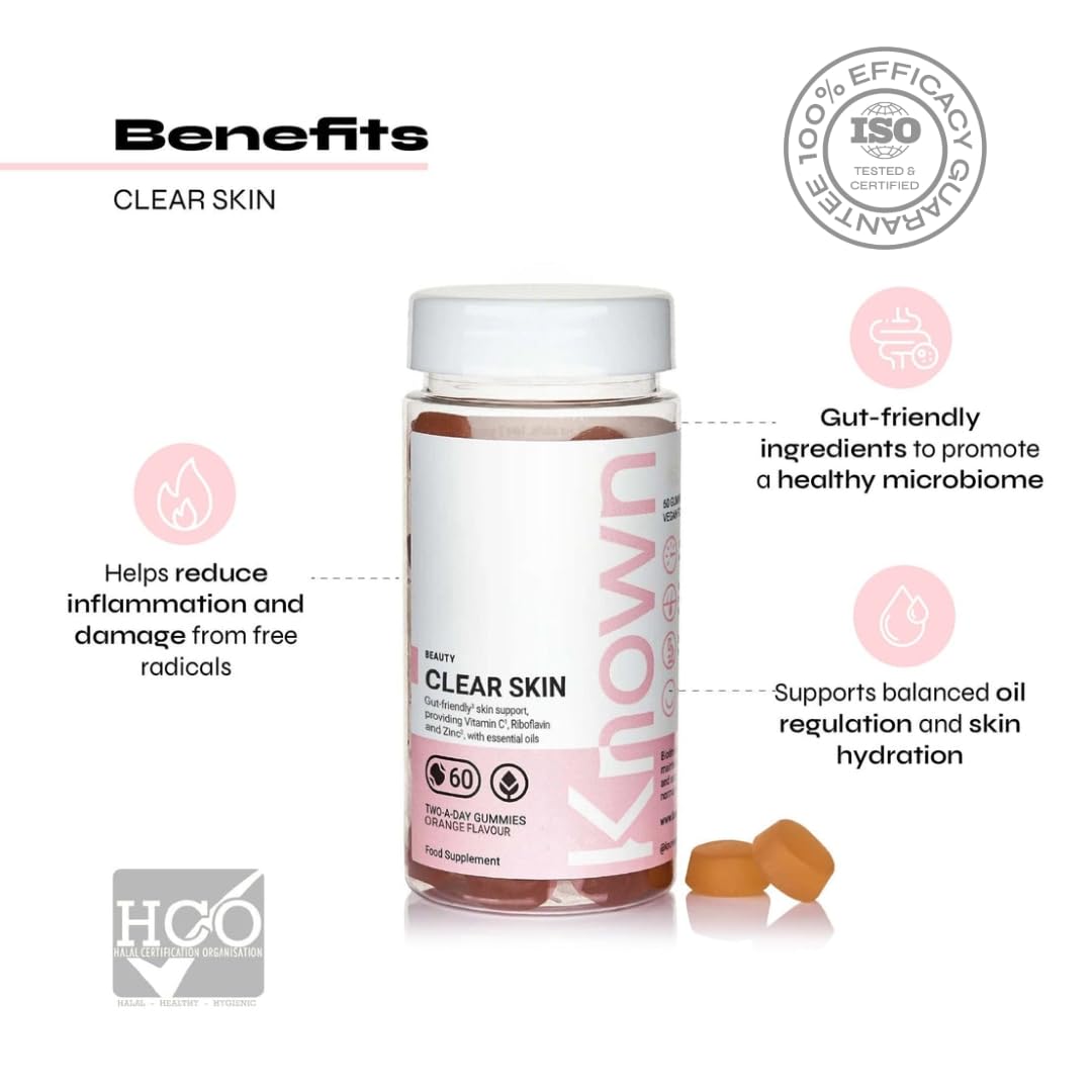 Clear Skin Gummies by Known Nutrition | Natural Support for Sensitive & Acne-Prone Skin | Delicious Natural Orange Flavour | 60 Two-a-Day Vegetarian Vitamin Gummies (One Month’s Supply)