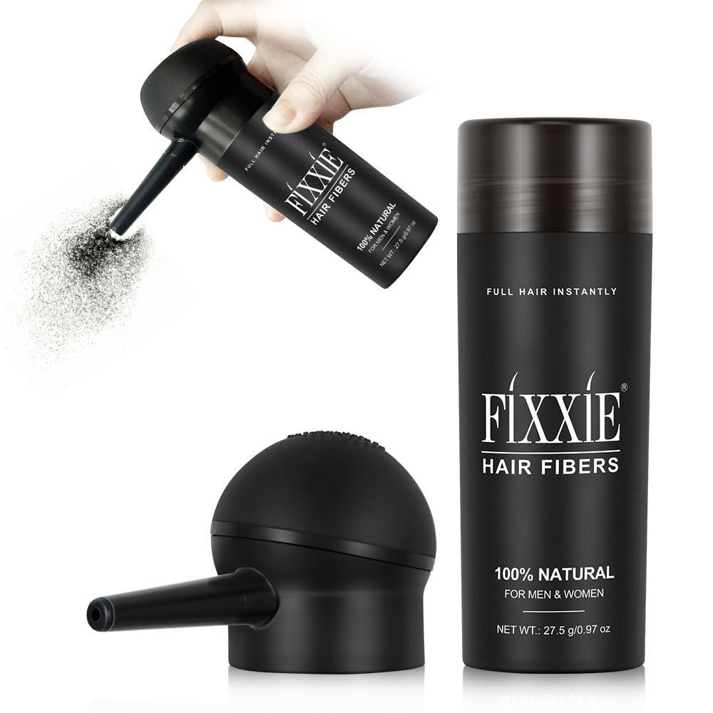FIXXIE, fixxie Hair Fibres with Applicator + Comb, 82.5g Natural Keratin Hair Thickening Fibers for Thinning Hair, Hair Thickener For Women & Men, 27.5g X 3 Bottles (Pack of 3, Black)