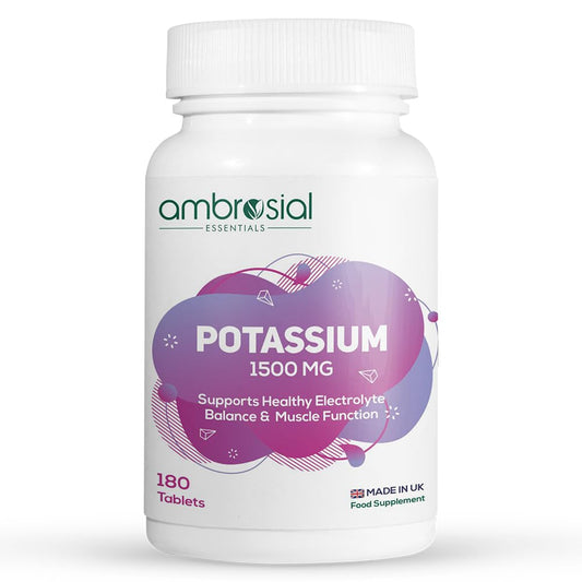 Ambrosial Potassium Chloride 1500mg – High Strength Potassium Supplement | Made in UK | Gluten Free, Non-GMO | 180 Tablets