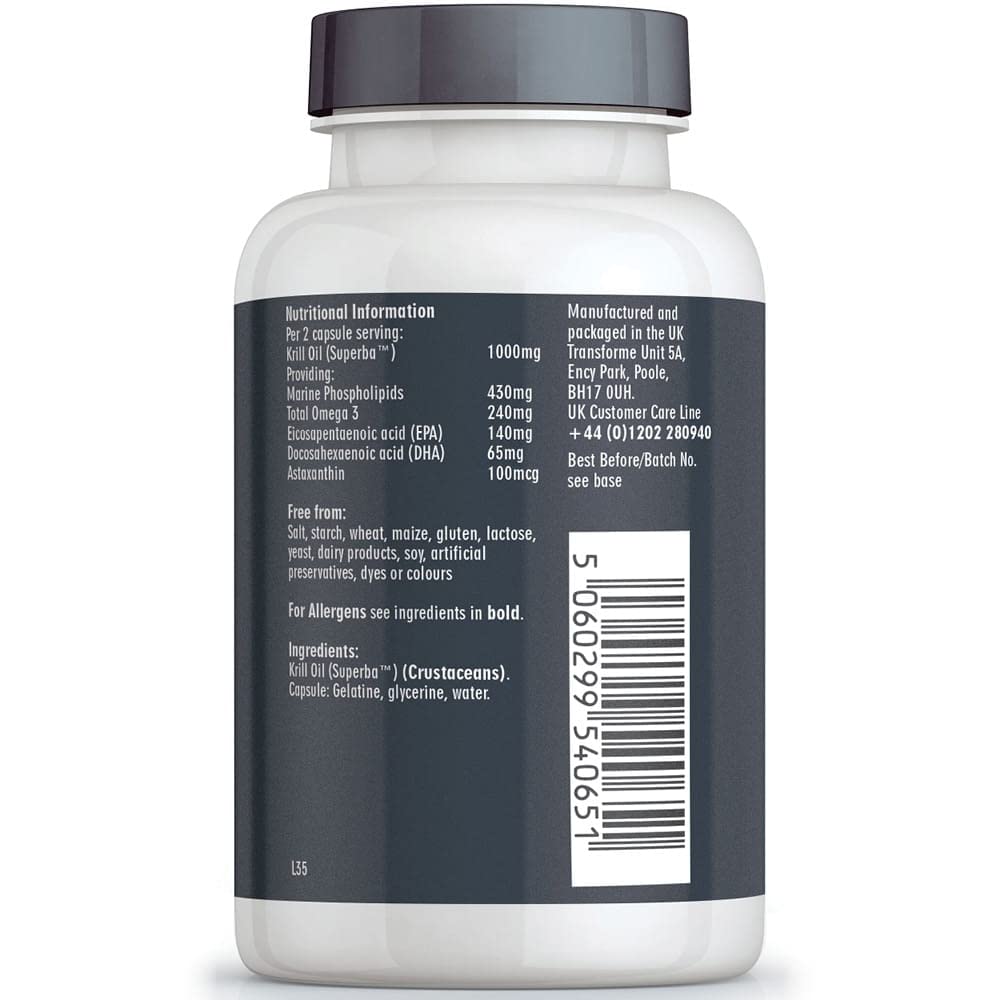 Transforme Superba Red Krill Oil Capsules 1000mg Serving, 180 x 500mg Easy Swallow Softgels, High Omega 3 EPA DHA & Astaxanthin, Sustainably Antarctic Sourced, Money Back Guarantee,