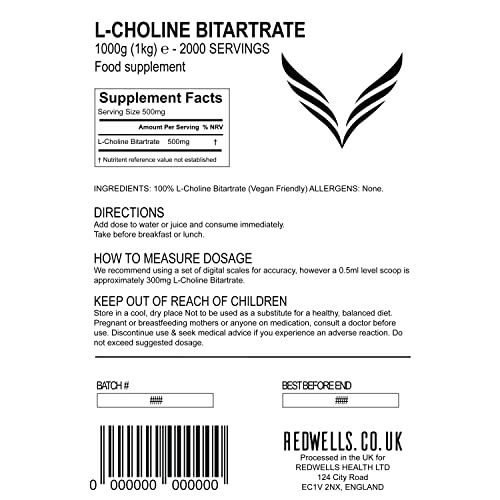 Choline Bitartrate Powder REDWELLS Cognitive Enhancer GMO Free Vegan - 500g Pack