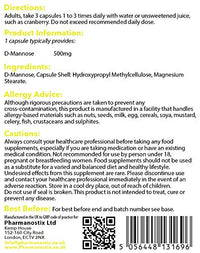 Pharmanostix D-Mannose 500mg Per Capsule – High Strength Daily Serving (1500mg) – 90 Vegan Friendly Capsules (Not Tablets) – 100% Natural Premium D Mannose – Suitable for Vegans – Made in The UK