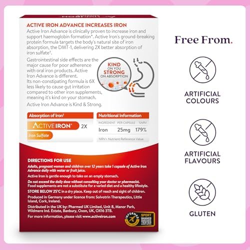 Solvotrin Active Iron Advance Supplement 25 mg – Clinically Proven to Increase Iron & Energy Levels – Gentle, Non-Constipating, Highly Absorbed – 30 Capsules, 1 Month Supply