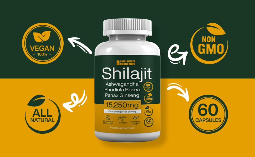 Supplements Sanctuary Shilajit, Ashwagandha, Rhodiola Rosea, Ginseng, Cordyceps Mushroom, Ginkgo Biloba, Nettle, Turmeric- 15,520mg per Serving- 60-180 Vegan Capsules - 60 Servings per tub (2)
