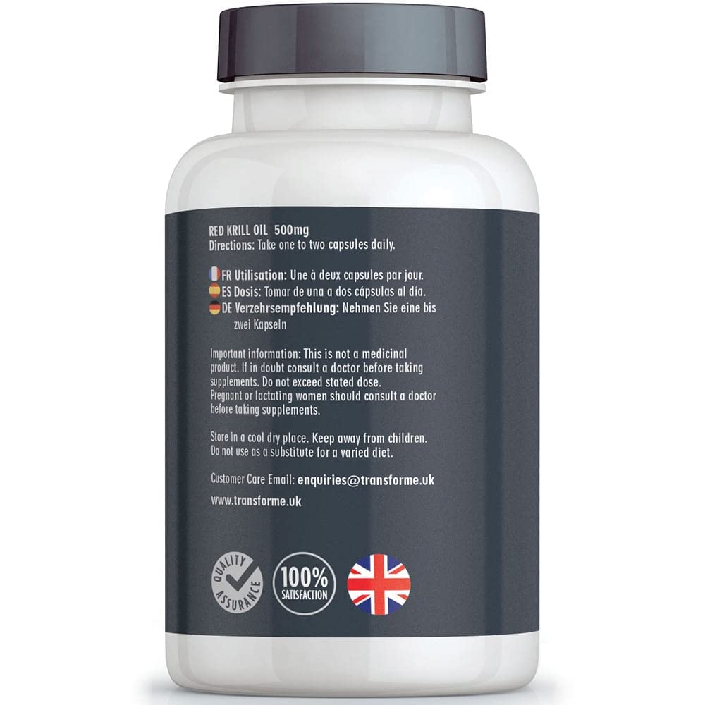 Transforme Superba Red Krill Oil Capsules 1000mg Serving, 180 x 500mg Easy Swallow Softgels, High Omega 3 EPA DHA & Astaxanthin, Sustainably Antarctic Sourced, Money Back Guarantee,