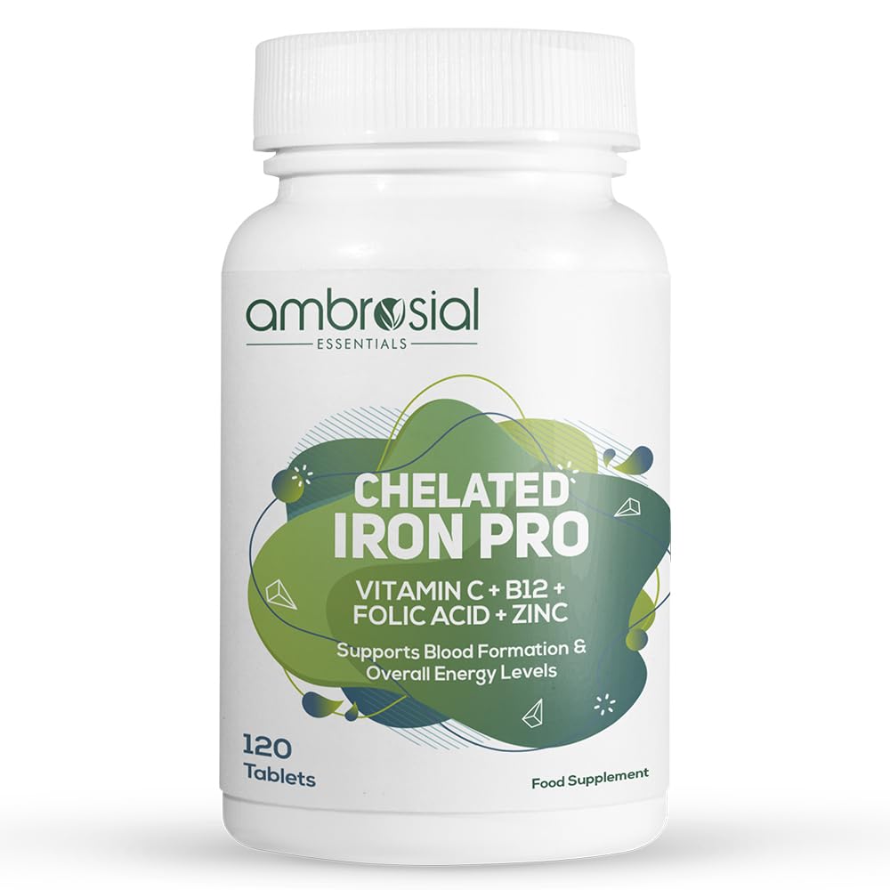 AMBROSIAL Ambrosial Chelated Iron Pro with Vitamin C, B12, Folic Acid & Zinc – Gentle on Stomach | Iron Supplement for Daily Use | 120 Veg Tablets
