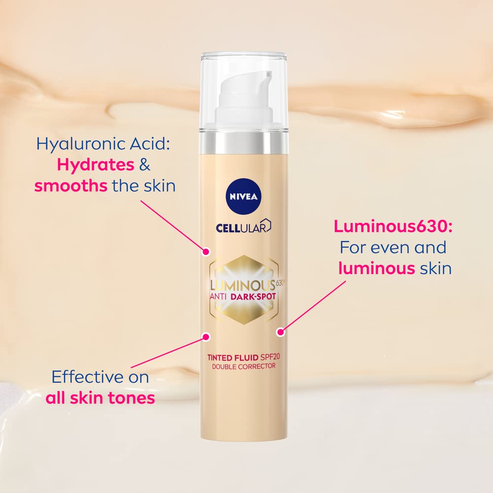 NIVEA Cellular LUMINOUS 630 Anti-Dark Spot Tinted Fluid SPF 20 Double Corrector (40ml), Correcting Dark Spot Cream, Facial Concealer for Luminous Skin