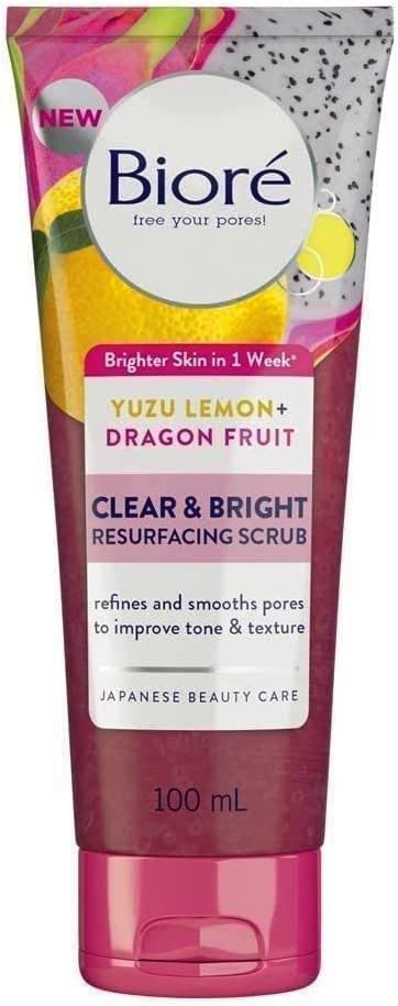 3 x Biore Clear & Bright Yuzu Lemon + Dragon Fruit Exfoliating Face Scrub | Vegan | Oil-Free | Hydrate & Revitalise w Natural Vitamins & Minerals | Soothing Cleanser for Soft Clear Skin |100ml