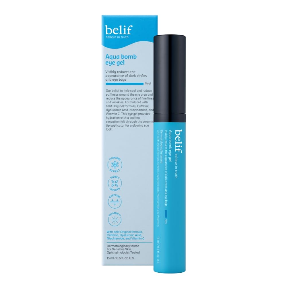 belif Aqua Bomb Eye Gel, Hydrating&Depuffing Eye Treatment with Caffeine&Niacinamide reduces eye bags, dark circles & fine lines, Suits All Skin Types, Safe for Sensitive Skin, Korean Skincare(15ml)