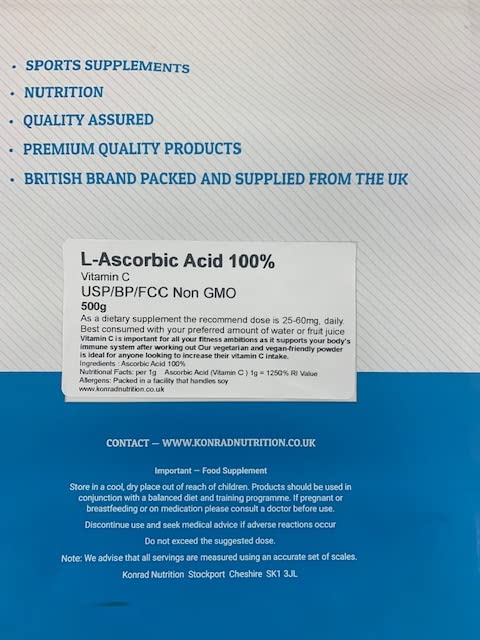 Konrad Nutrition L-Ascorbic Acid 100% Pure USP/BP/FCC no GMO 500g