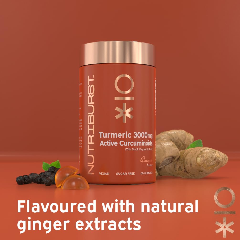 Nutriburst Turmeric Curcumin with Black Pepper Extract - Powerful Antioxidants & Anti-inflammatory, Supports Joint & Muscle Health - Vegan, Sugar Free - 60 Ginger Gummies - 1 Month Supply