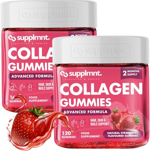 supplmnt. Marine Collagen Gummies - Strawberry Flavour - Hydrolysed Collagen Peptides with Biotin, Hyaluronic Acid & Vitamin C, Collagen Supplements for Women and Men - 120 Gummies for Skin, Dual Pack
