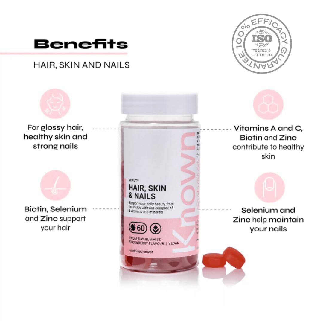Hair, Skin & Nails Vitamin Gummies by Known | 60 Two-a-Day Vitamin Gummies (One Month’s Supply) | Natural Botanical Extract | for Healthy Hair, Skin & Nails | Strawberry Flavoured Gummies (Pack of 1)