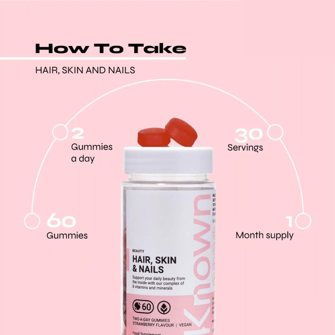 Hair, Skin & Nails Vitamin Gummies by Known | 60 Two-a-Day Vitamin Gummies (One Month’s Supply) | Natural Botanical Extract | for Healthy Hair, Skin & Nails | Strawberry Flavoured Gummies (Pack of 1)