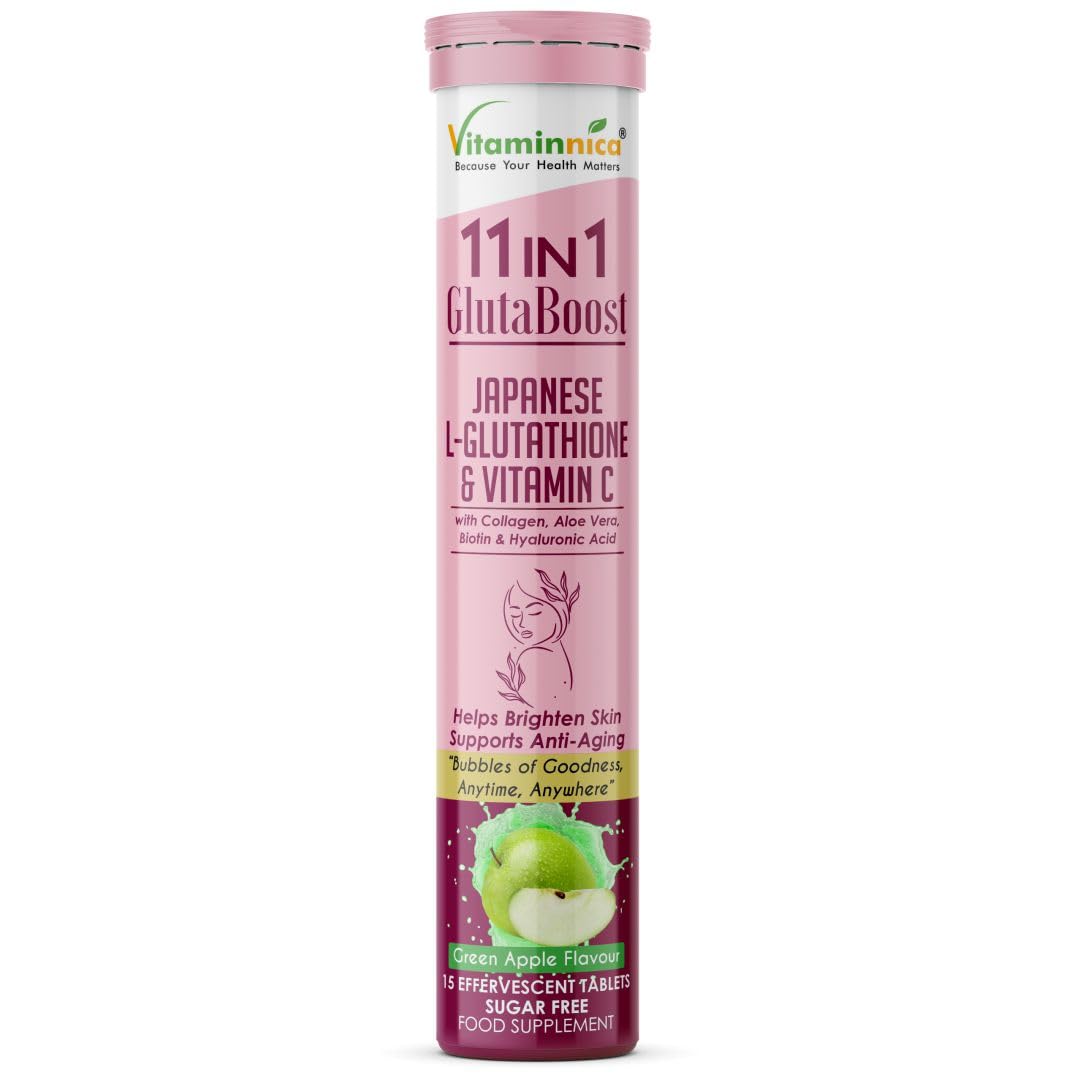Vitaminnica Because your Health Matters Vitaminnica Gluta Boost 11-in-1 Effervescent Tablets with Japanese L-Glutathione, Collagen, & Hyaluronic Acid | Skin Radiance & Beauty Supplement | 15 Tablets (Pack of 1, Green Apple)