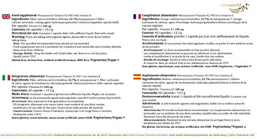 Vita World Menaquinone MK-7 Vitamin K2 All-Trans 100µg 60 Vegetarian Capsules Made in Germany