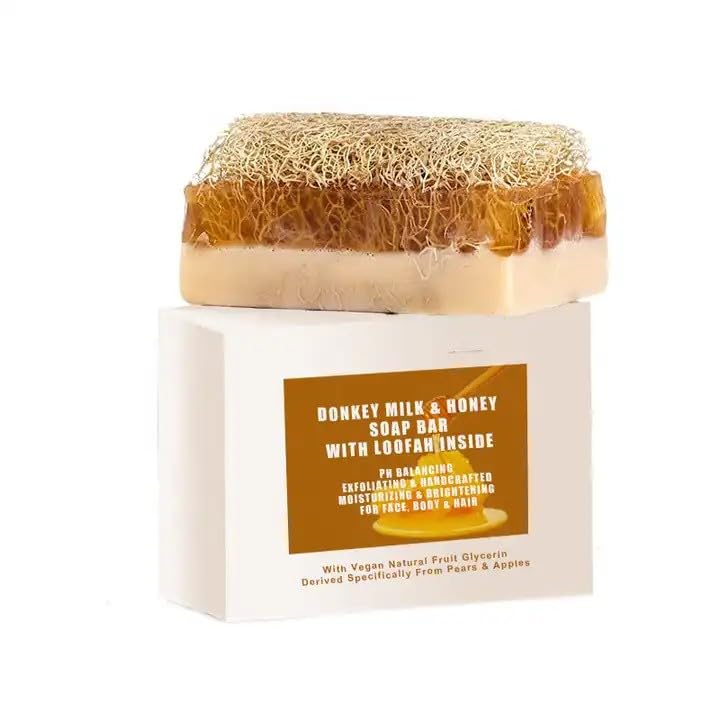 STORELUXY 130gr Donkey Milk & Honey Soap Bar With Pumpkin Fiber Natural Handmade Loofah | Anti Ageing, Anti Wrinkle, Effective For Acne & Eczema, Vitamin A, Moisturising Skincare
