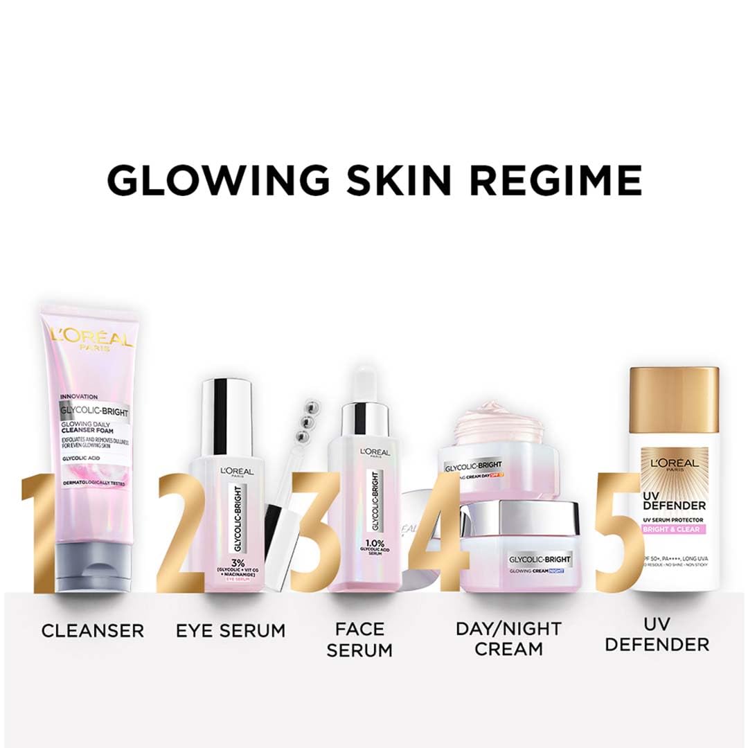 L'Oréal Paris Glycolic Bright Day Cream with SPF 17, 15ml |Skin Brightening Cream with Glycolic Acid that Visbily Minimizes Spots & Reveals Even Toned Skin