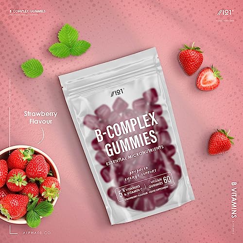 B Complex Gummies - Potent Formula Contains 5 Essential B Vitamins & Vitamin C, Strawberry Flavour - Halal, Non GMO - 60 Vegan Fruity Gummies.
