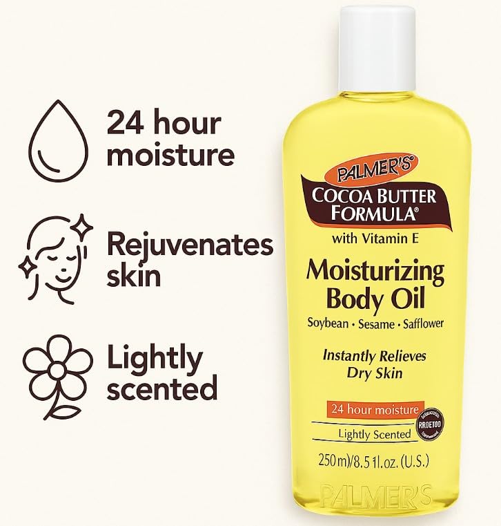 Palmer's Cocoa Butter Formula Moisturizing Body Oil with Vitamin E 250ml – Dry Skin Relief, Lightweight Hydrating Oil for Body, Safflower & Sesame Oil, Light Scent, 24-Hour Moisture