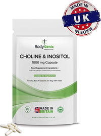 Bodygenix Choline & Inositol Capsules - 1000mg Healthy Skin Brain Health & Metabolic Support Food Supplement - Natural Vegan Friendly 30 Capsules, 1 Month Supply