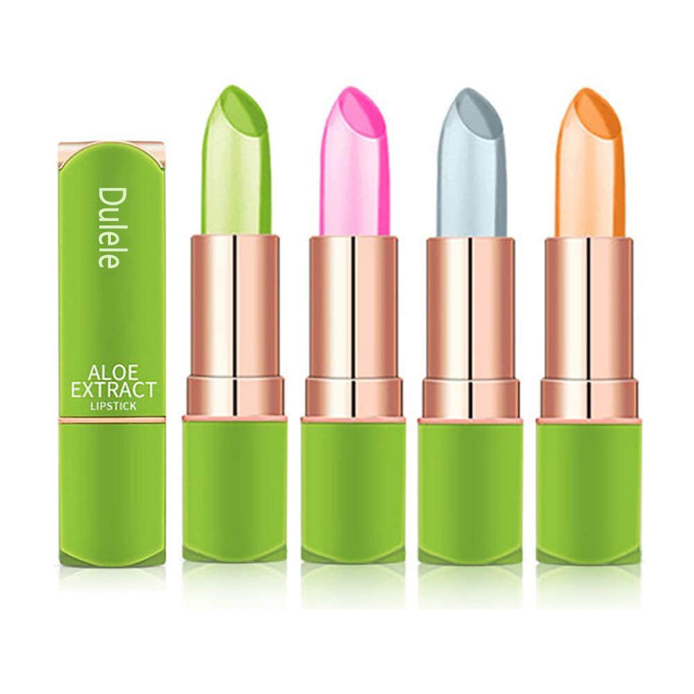 4 Colours Organic Aloe Vera Moisturizing Crystal Jelly Lipsticks, Dulele Magic Temperature Colour Changing Long Lasting Lip Balm Set (EEE)