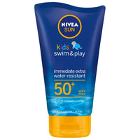 NIVEA SUN Kids Swim & Play // Ultra Protect & Play SPF 50+ Lotion (150ml), Water-Resistant Sunscreen, Effective UVB and 5 Star UVA Protection, Sun Cream Enriched with Dexpanthenol, Designs May Vary