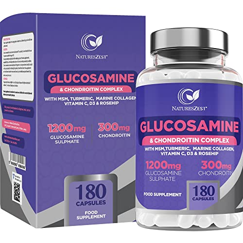 Glucosamine and Chondroitin High Strength Capsules - Glucosamine Complex with MSM â 180 Glucosamine Capsules - with Vitamin C, Rosehip, Turmeric Curcumin & Marine Collagen â UK Made by Natures Zest