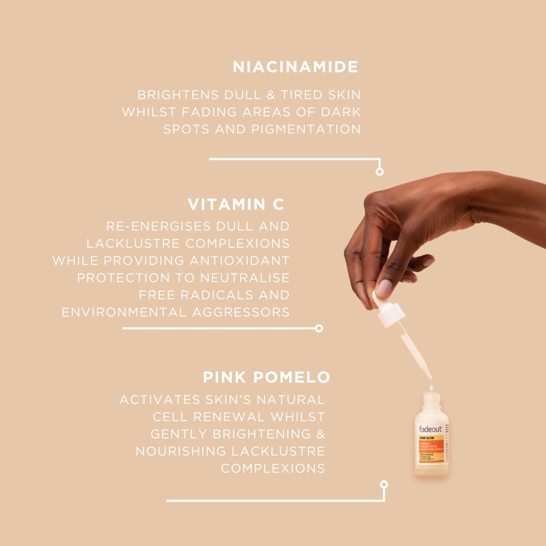 Fade Out PURE GLOW Brightening Serum | Includes Vitamin C, Niacinamide, Pink Pomelo & Vitamin E | Helps Reduce Dark Spots & Hyperpigmentation | Brightens Skin Tone | Minimises Pores | 30 ml