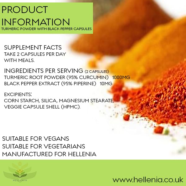 Hellenia Turmeric 500mg with Black Pepper (Piperine) - 90 Capsules - Natural Source of Curcumin