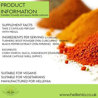 Hellenia Turmeric 500mg with Black Pepper (Piperine) - 90 Capsules - Natural Source of Curcumin