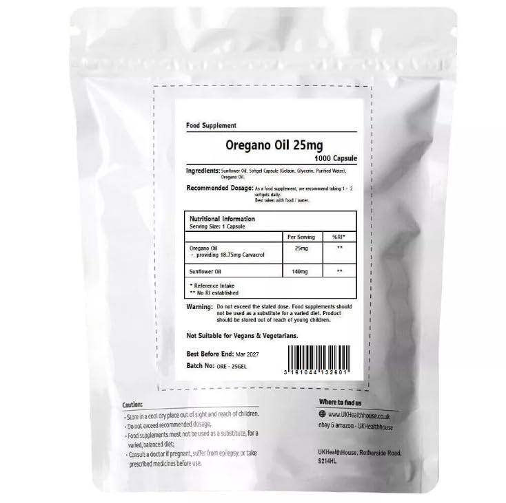UKHealthHouse Oregano Oil 25mg Capsules Softgel | 18.75mg Carvacrol, Low Thymol | Cold-Pressed Essential Oregano Oil (Origanum Vulgare) | NO Additives (1000 caps)