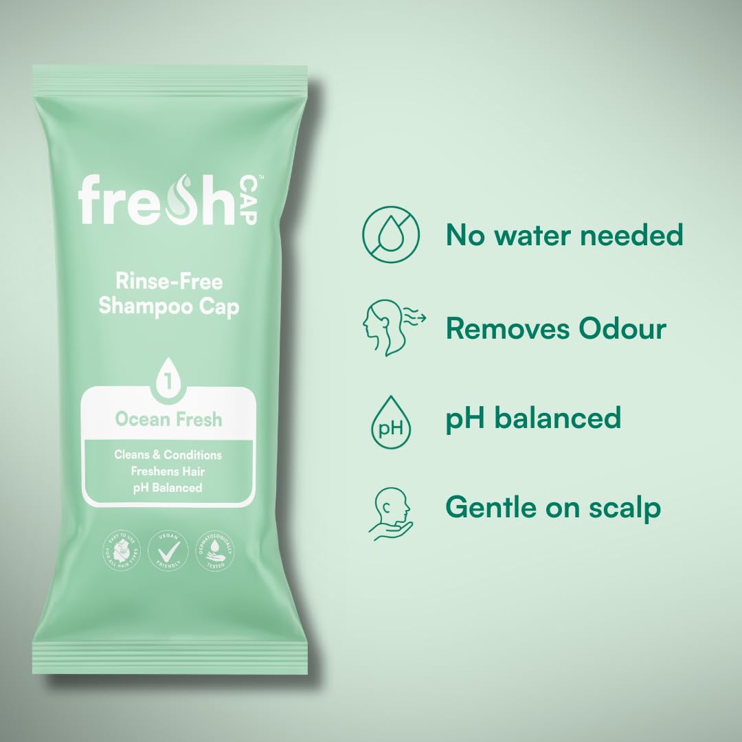 FRE SHWIPES FreshWipes Ocean Fresh Shampoo Cap Pack of 1 - No Rinse for Elderly or Disabled - Cleanses & Conditions for No Shower Access, Camping & Festival Use - Dermatologically Tested