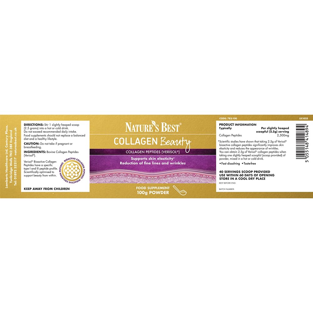 NATURE'S BEST Nature's Best Collagen Beauty Powder - Supports Skin Elasticity & Reduces Fine Lines - Taste-Free, Fast Dissolving Collagen Peptides - UK Made - 100g, 40 Servings