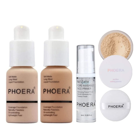 Glamza Phoera Foundation Full Coverage Makeup Set - Includes Nude & Buff Beige 30ml Matte Foundation, 6ml Face Primer & Cool Beige Setting Powder for All Day Wear Without Creasing, Caking, or Flashback