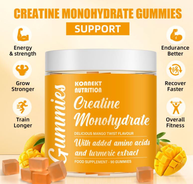 Creatine Monohydrate Gummies, Added 500mg BCAAs and Turmeric Exctract, 4500mg per Serving, Pre-Workout Gym Supplement for Men and Women (1 Month Supply), Mango Twist