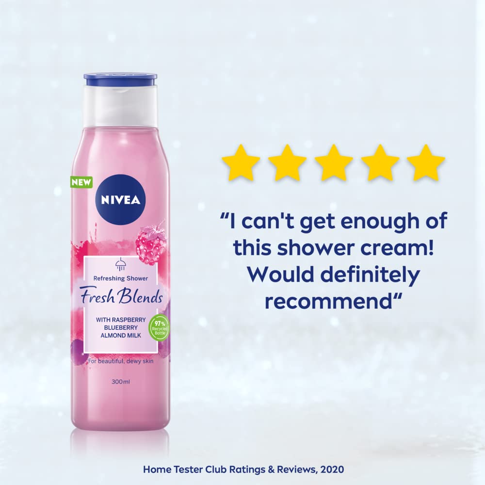 NIVEA Fresh Blends Raspberry Shower Gel (300ml), Raspberry-Scented Women's Shower Gel, Vegan Shower Gel Made with Natural Raspberry and Blueberry Juice, and Almond Milk