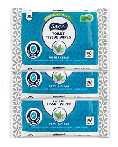 Toilet Tissue Wipes Biodegradable, Normal/Sensitive, Fresh and Clean with Micellar Water - Fine To Flush (3 Pack - 120 Wipes) (Normal)