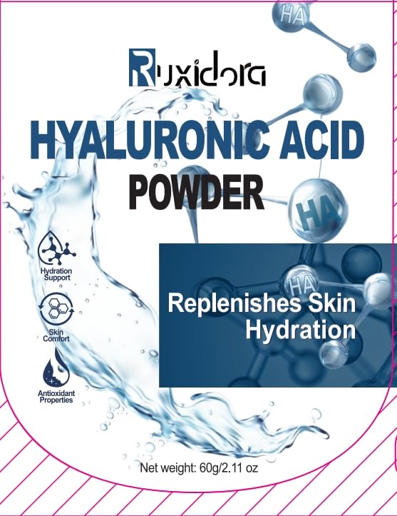 Rccilucki Hyaluronic Acid Powder for Skin,Low-Molecule Hyaluronic Acid Serum Powder,Skin Hydration and Moisture Support Supplements,Water Soluble Moisturizing Ingredient for DIY Facial Serum-60g