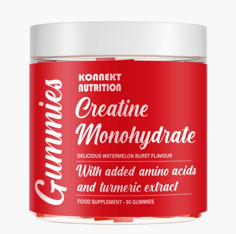 K - KONNEKT Creatine Monohydrate Gummies, Added 500mg BCAAs and Turmeric Extract, 4500mg per Serving, Pre-Workout Gym Supplement for Men and Women (1 Month Supply), Watermelon Burst