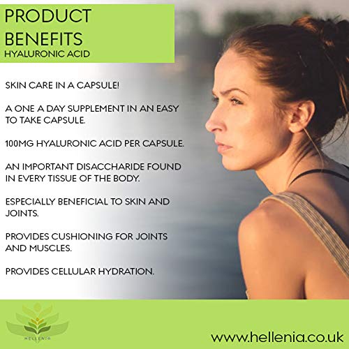 Hellenia Hyaluronic Acid 100mg | Supports Healthy Connective Tissue and Joints | Natural Moisturiser for Radiant Skin | 60 Capsules | Vegan Friendly