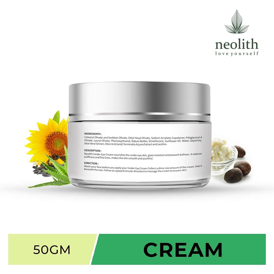 Neolith Under Eye Cream for Dark Circle, Anti Fatigue, Reduces Puffiness, Reduce Wrinkles and Fine lines, with Aloe vera & Kokum Butter | Eco certified Organic & Natural ingredients