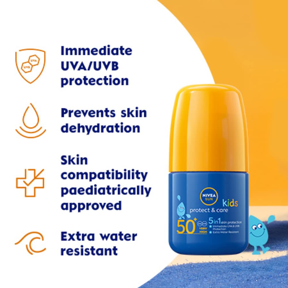 NIVEA SUN Kids Protect & Care Caring Roll-On (50 ml) Sunscreen with SPF 50, Roll-On Kids Suncream for Delicate Skin, Immediately Protects Against Sun Exposure