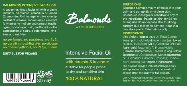 Balmonds Intensive Facial Oil 30ml - 100% Natural Oil with Rosehip, Lavender & Vitamin E - Hydrating, Nourishing & Moisturising Oil Serum