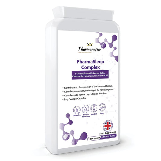 Pharmanostix PharmaSleep Complex 120 Vegan Capsules - L-Tryptophan 220mg with Added Magnesium Glycinate, Niacin, Vitamin B6, Lemon and Chamomile Extract - Natural Alternative to Melatonin - 4 Months’ Supply - UK